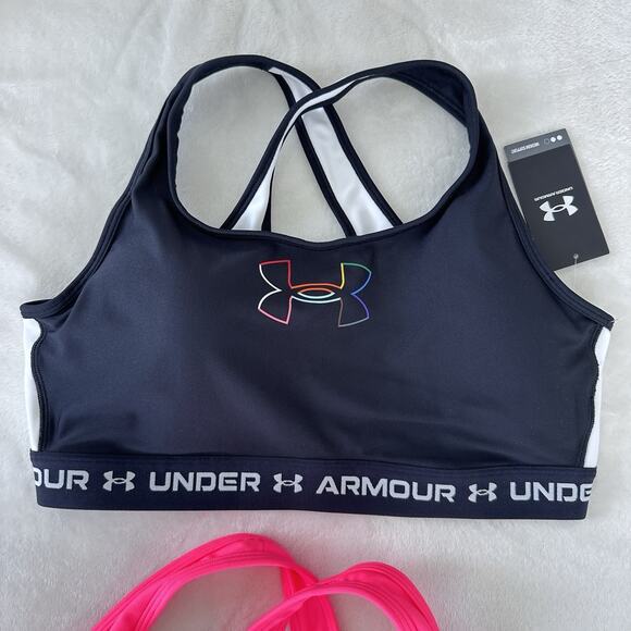Under Armour Sports Bra Lot Women 2X Cross Back Mid Print Black Pink Compression - Picture 3 of 10